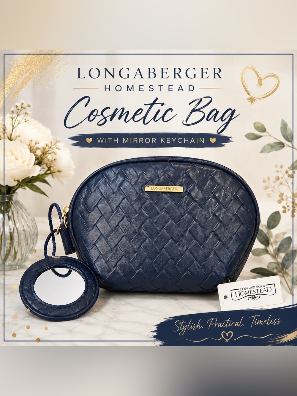 Longaberger Navy Blue Woven Cosmetic Bag Makeup Mirror Keychain NWT